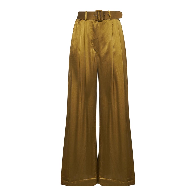 Olive silk two-pleat trousers|0|1|2