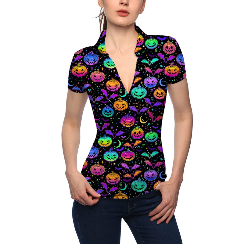Women’s Neon Halloween Pumpkin V Neck Golf Polo