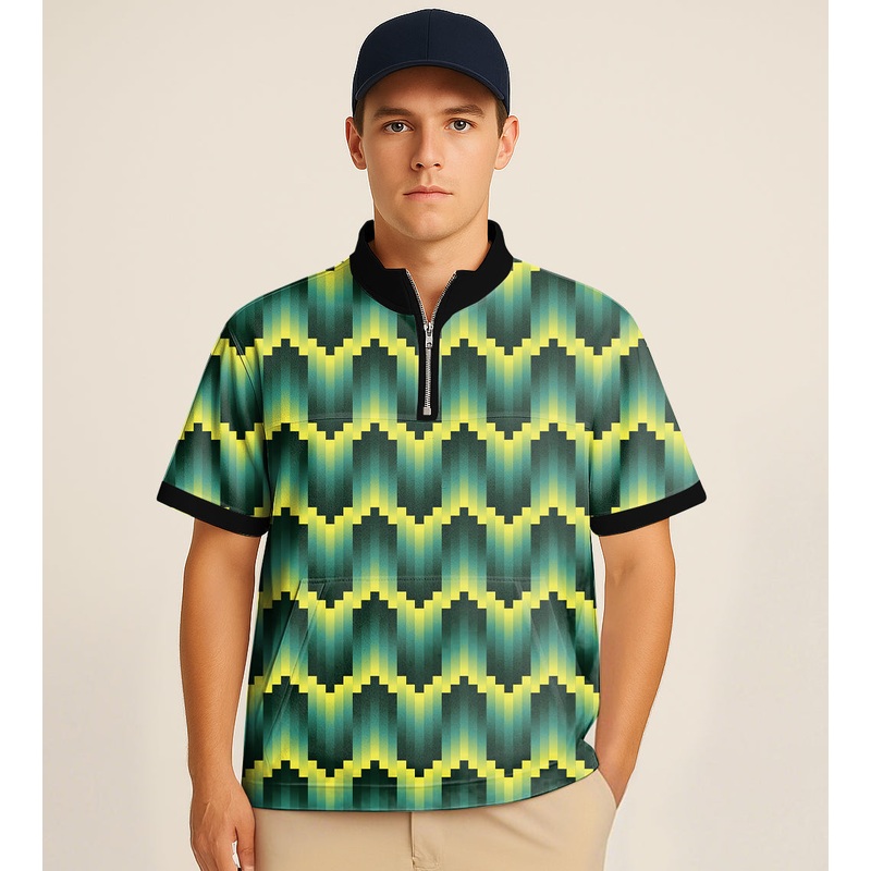 Half Zipper Turtleneck Golf Short Shirt Green Ripples Custom Sport Team Competition Uniforms Embroidery
