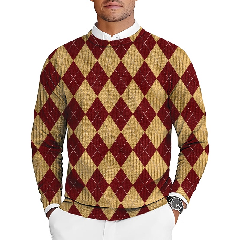 yellow red Argyle Men’s Golf Crewneck Pullover Sweaters Ugly Sweater