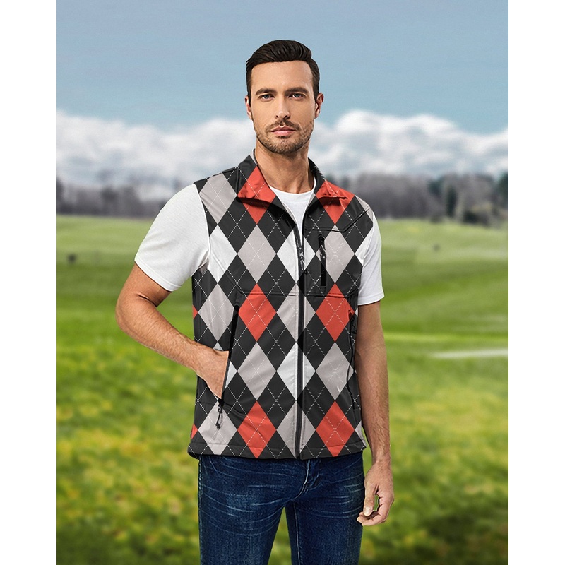 Men’s Argyle red black Lightweight Softshell Vest Sleeveless Jacket for Golf Windproof Waterproof
