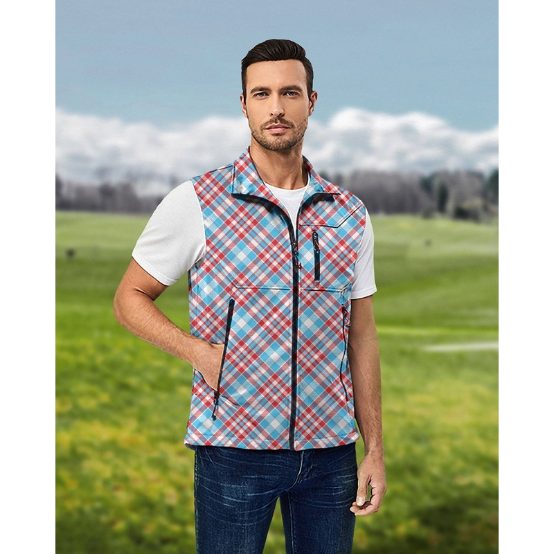 Men’s Argyle red blue Lightweight Softshell Vest Sleeveless Jacket for Golf Windproof Waterproof