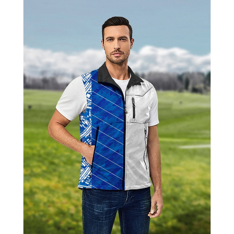 Men’s Blue Stitching Custom Sport Team Competition Uniforms Lightweight Softshell Vest Sleeveless Jacket for Golf Windproof Waterproof