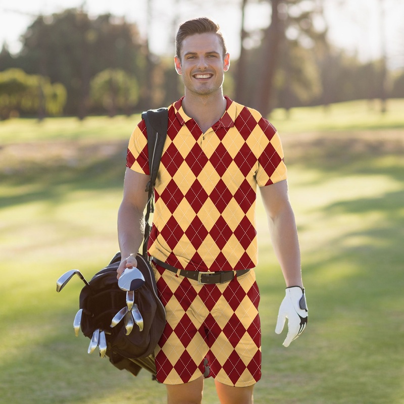 Men’s Golf Set Polo+Shorts yellow red Argyle