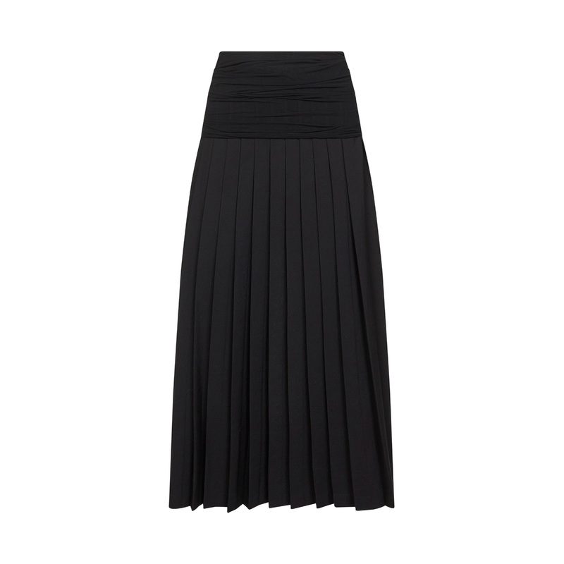 Black wool blend long pleated skirt