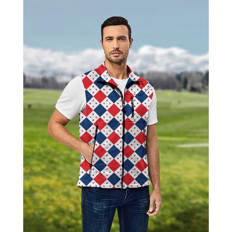 Men’s Argyle US Star flag Lightweight Softshell Vest Sleeveless Jacket for Golf Windproof Waterproof