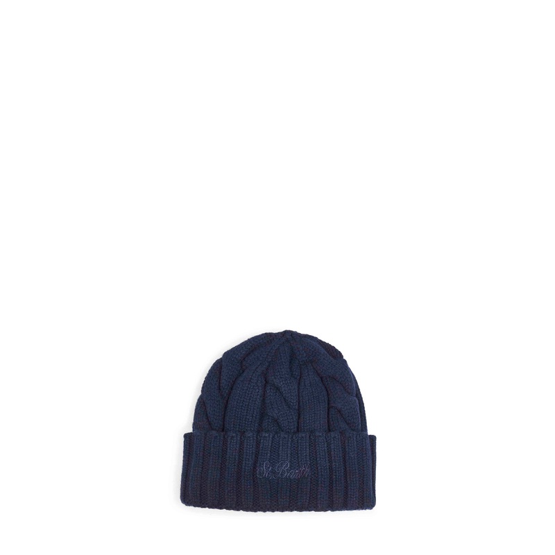 Blue cable-knit wool Cannon beanie
