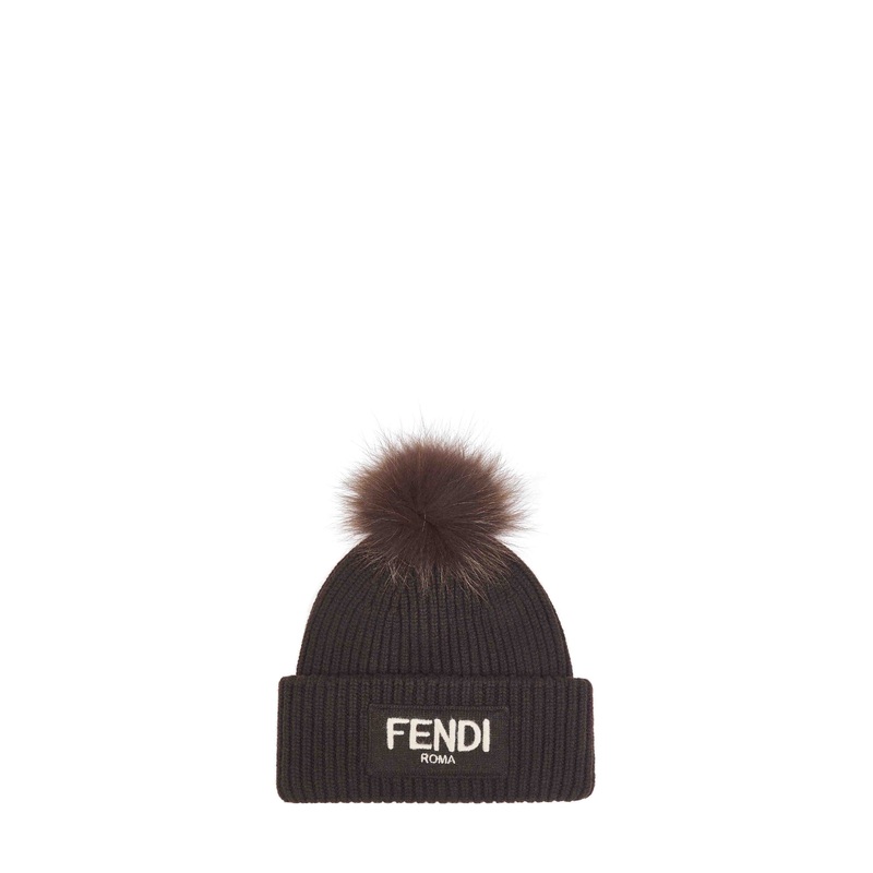 Brown wool beanie with pompom|S|L