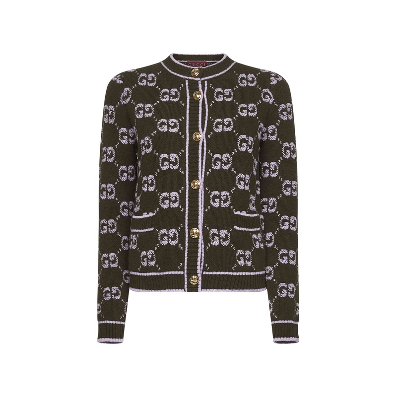 Green boucl jacquard GG wool cardigan