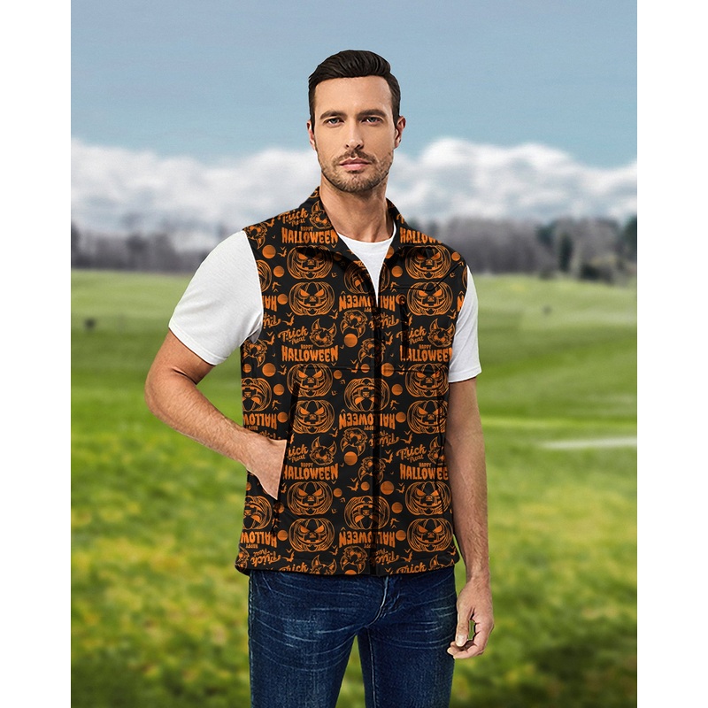 Men’s Happy Halloween Pumpkin Lightweight Softshell Vest Sleeveless Jacket for Golf Windproof Waterproof