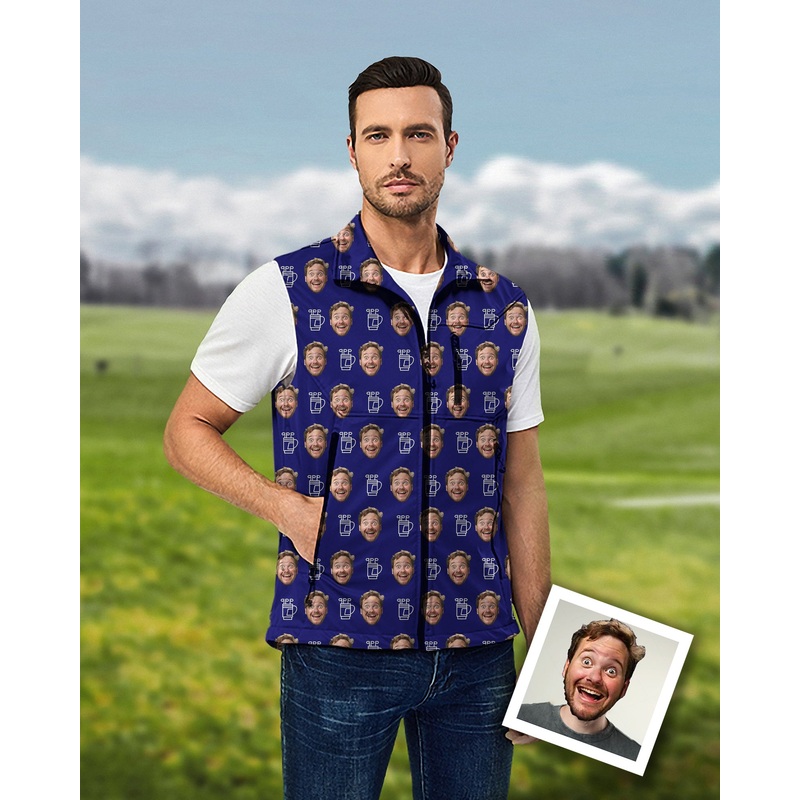 Custom Photo Funny Face Men’s Lightweight Softshell Vest Sleeveless Jacket for Golf Windproof Waterproof Gift