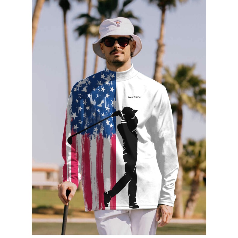 Personalized embroidery Your Name Men’s American Flag Pullover High neck Long/Short sleeve T-Shirt