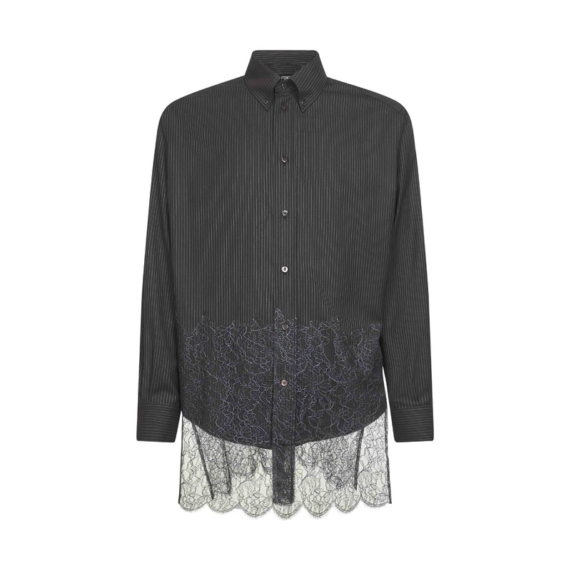 Black pinstriped wool and lace shirt