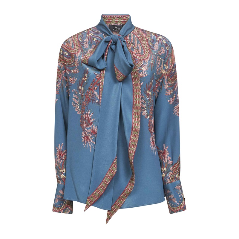 Light blue printed crpe de Chine silk blouse