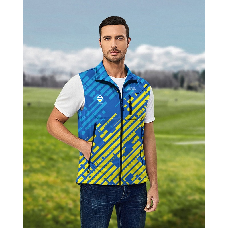 Men’s blue yellow sport Team Lightweight Softshell Vest Sleeveless Jacket for Golf Windproof Waterproof