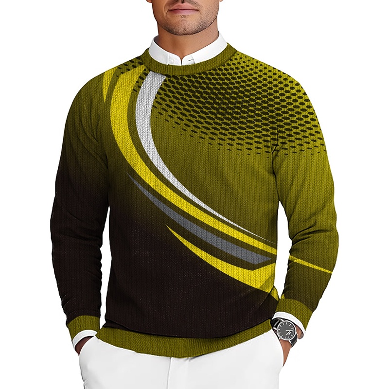 Yellow Black Custom Sport Team Competition Uniforms Men’s Golf Crewneck Pullover Sweaters Ugly Sweater