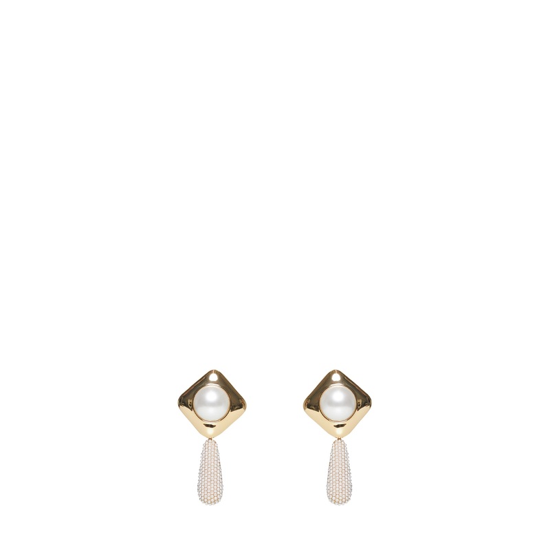 Gold pearl crystal bar earrings