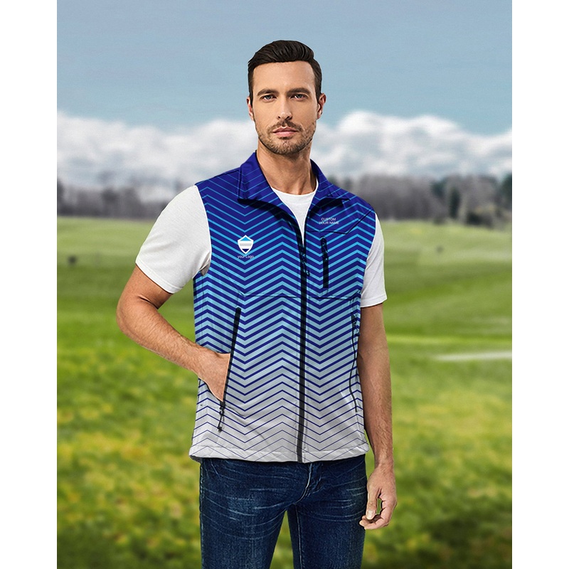 Men’s blue white sport Team Lightweight Softshell Vest Sleeveless Jacket for Golf Windproof Waterproof