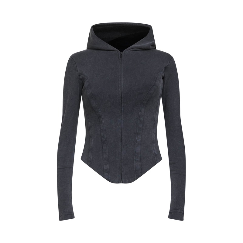 Black corset-style zip-up hoodie