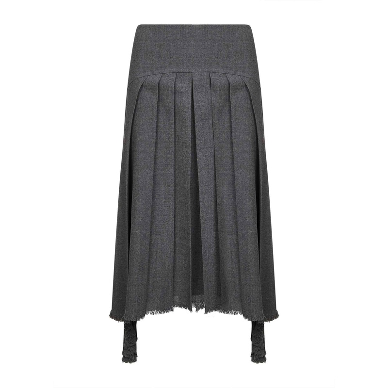 Grey wool canvas pleated midi skirt