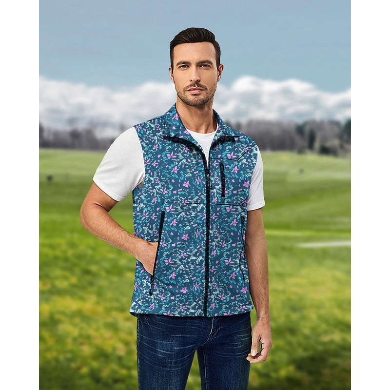 Men’s Blooming Blue Lightweight Softshell Vest Sleeveless Jacket for Golf Windproof Waterproof
