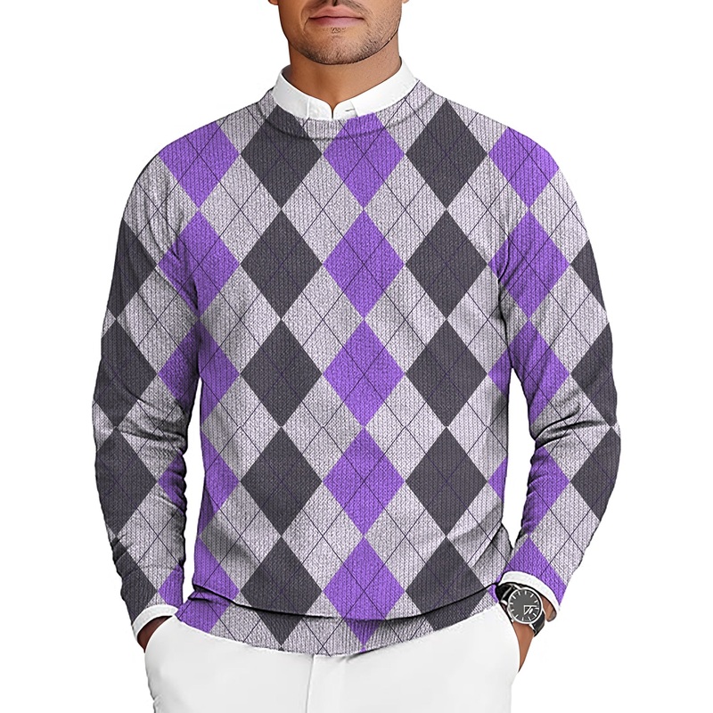 Purple grey Argyle Men’s Golf Crewneck Pullover Sweaters Ugly Sweater