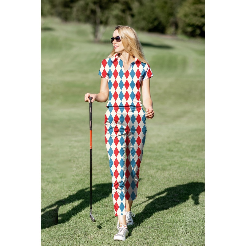 Women’s Golf Polo+Pants Set Geometric checkerboard Argyle