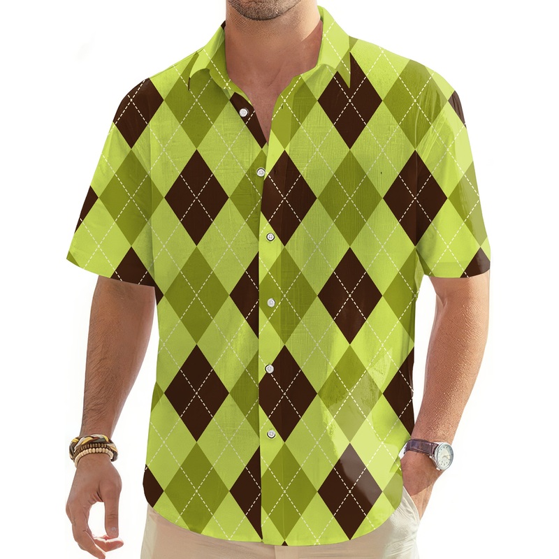 Yollow Argyle-Men’s Golf Hawaiian Shirts Button Down Shirt