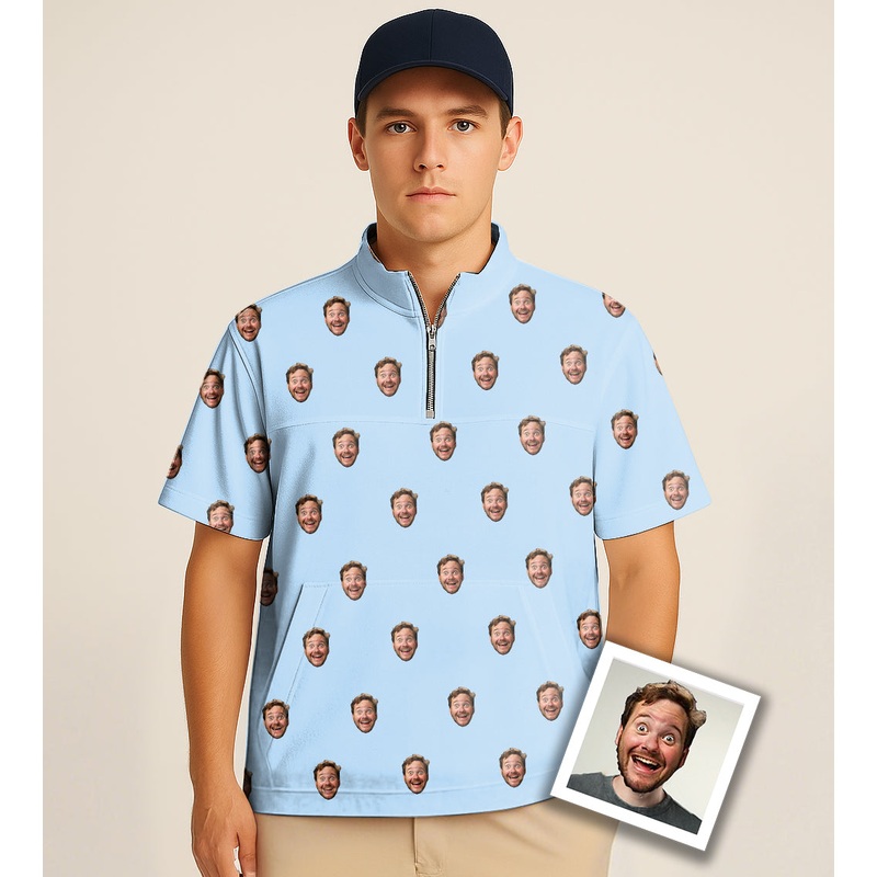 Half Zipper Turtleneck Golf Short Shirt Custom Photo Funny Face Embroidery