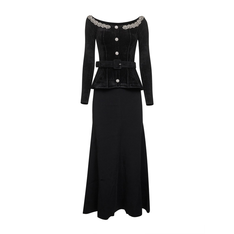 Black chenille and knit crystal trim midi dress