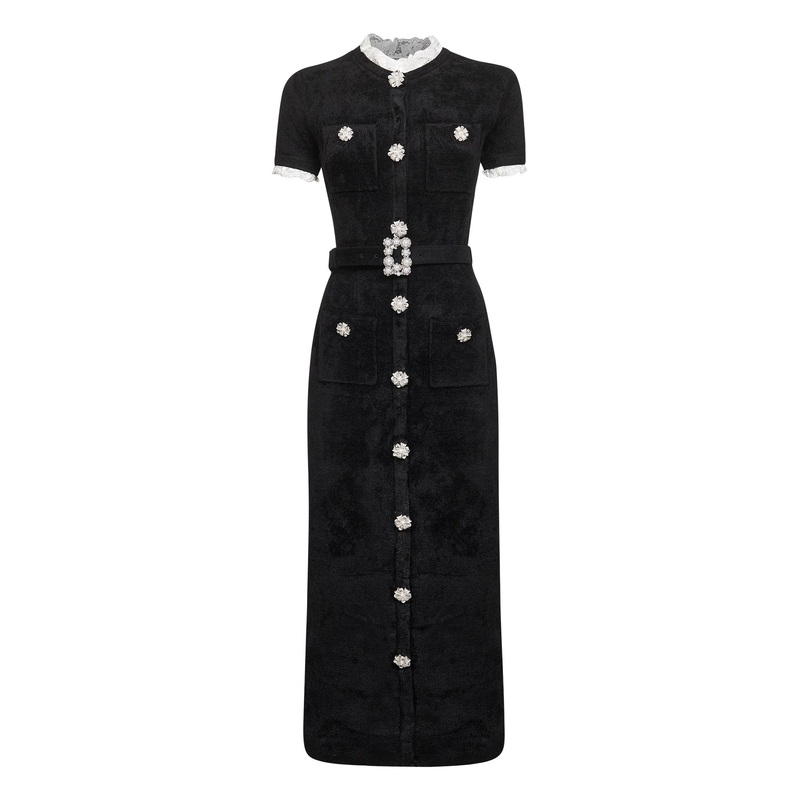 Black chenille belted midi dress