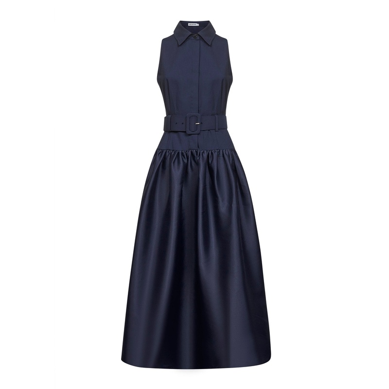 Blue twill and taffeta belted midi dress