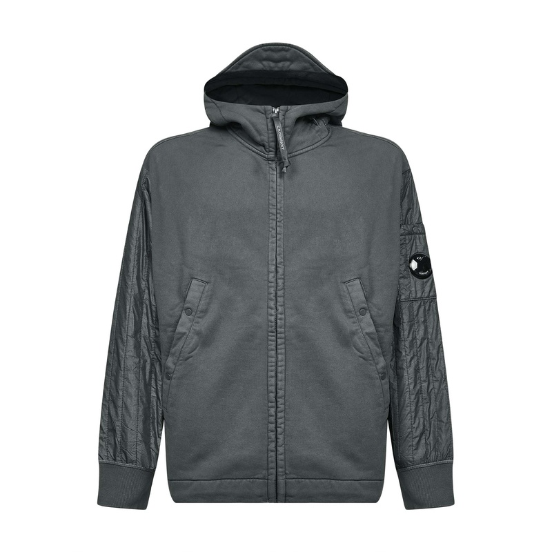Grey Diagonal Raised Fleece Mixed zip-up hoodie