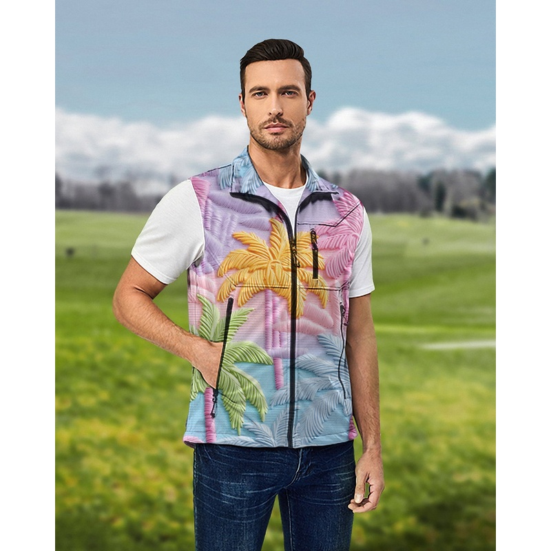 Men’s 3D coconut trees Lightweight Softshell Vest Sleeveless Jacket for Golf Windproof Waterproof