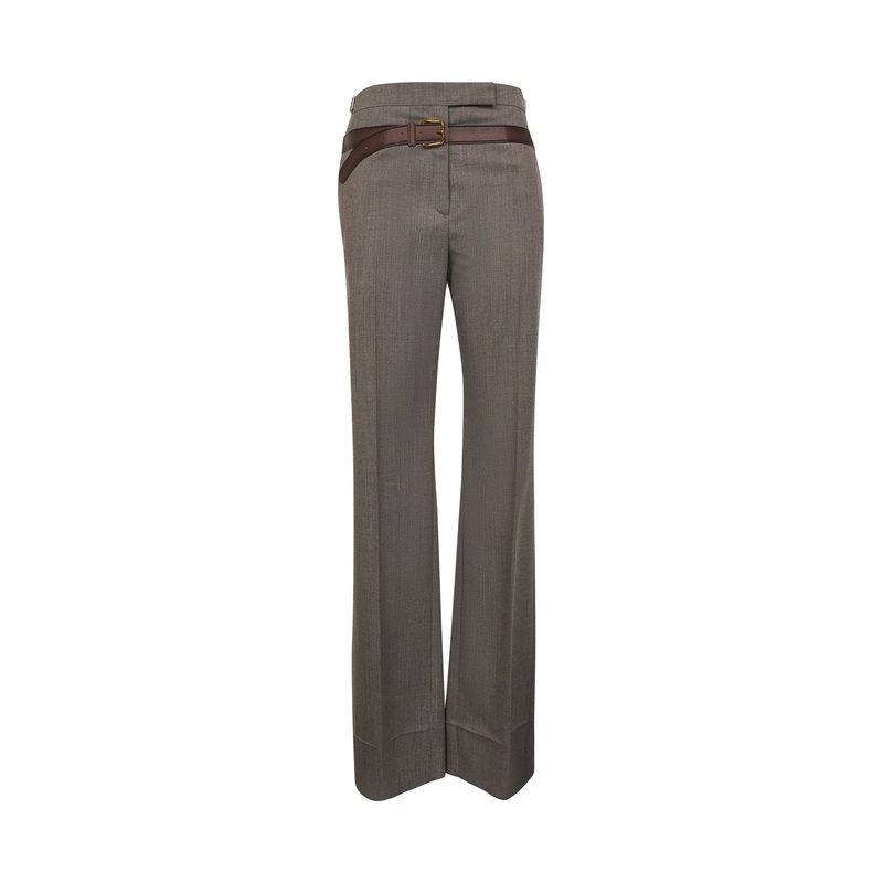 Brown tec wool printed belt trousers