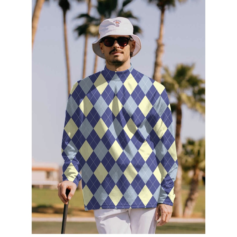 Men’s blue Argyle Pullover High neck Long/Short sleeve T-Shirt