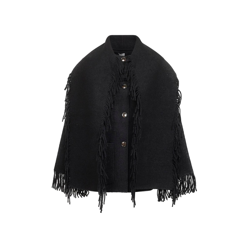 Black boucl Fringed scarf coat