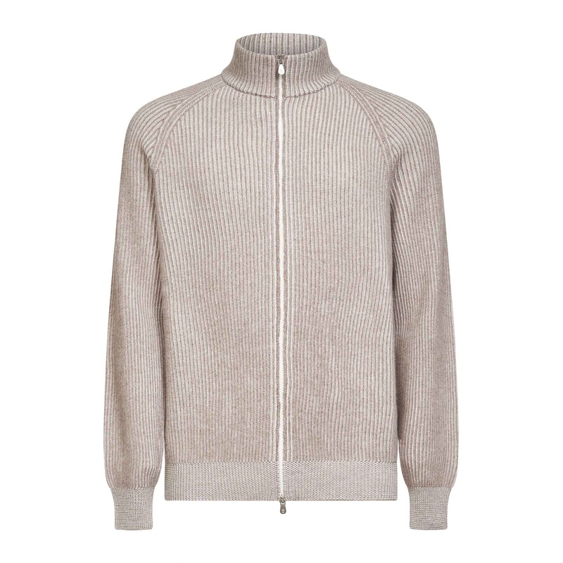 Beige cashmere moulin knit zip-up cardigan