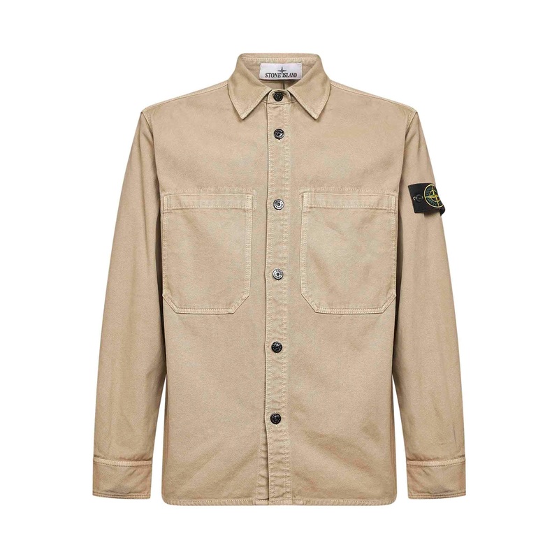 Beige cotton twill logo badge shirt