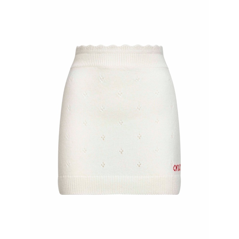 Ivory openwork knit fitted miniskirt