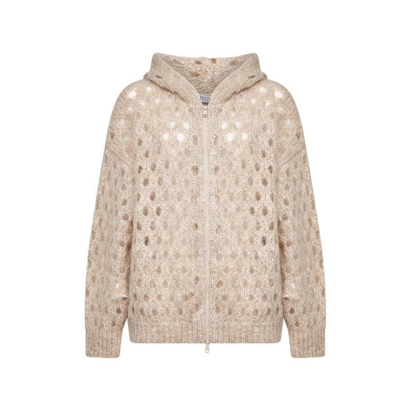 Beige mohair and Wispy wool Dazzling Net zip-up hooded cardigan