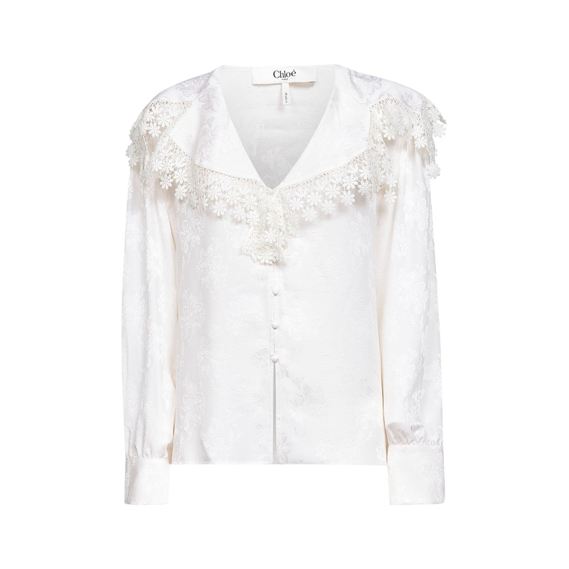 Ivory silk jacquard and lace blouse
