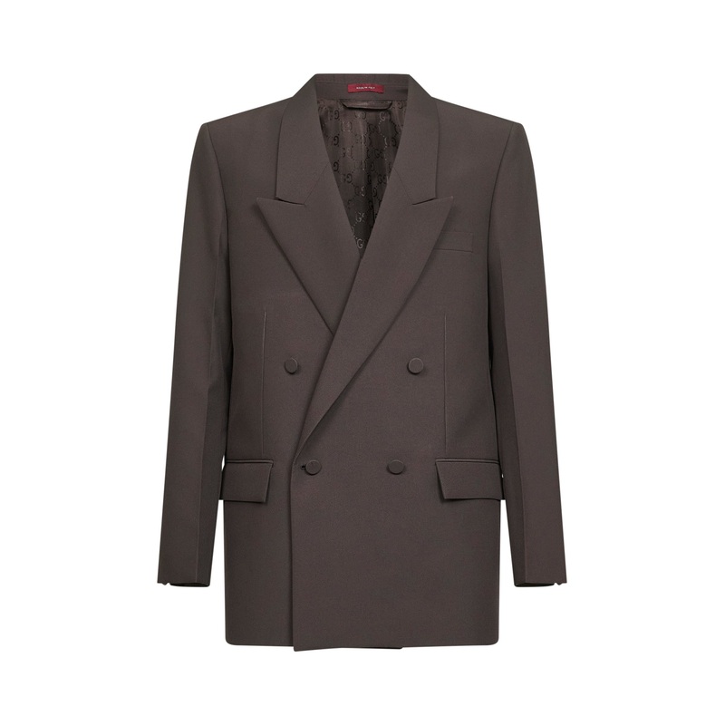 Brown technical panama double-breasted jacket