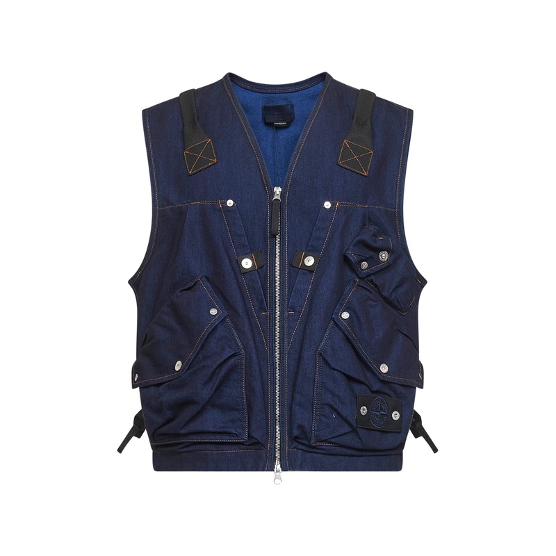 Blue cotton blend denim utility vest