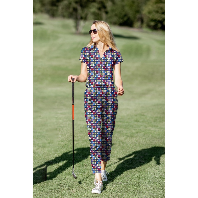Women’s Golf Polo+Pants Set Cartoon H Elk Christmas