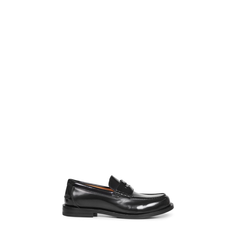 Black glossy leather loafers with detachable coin
