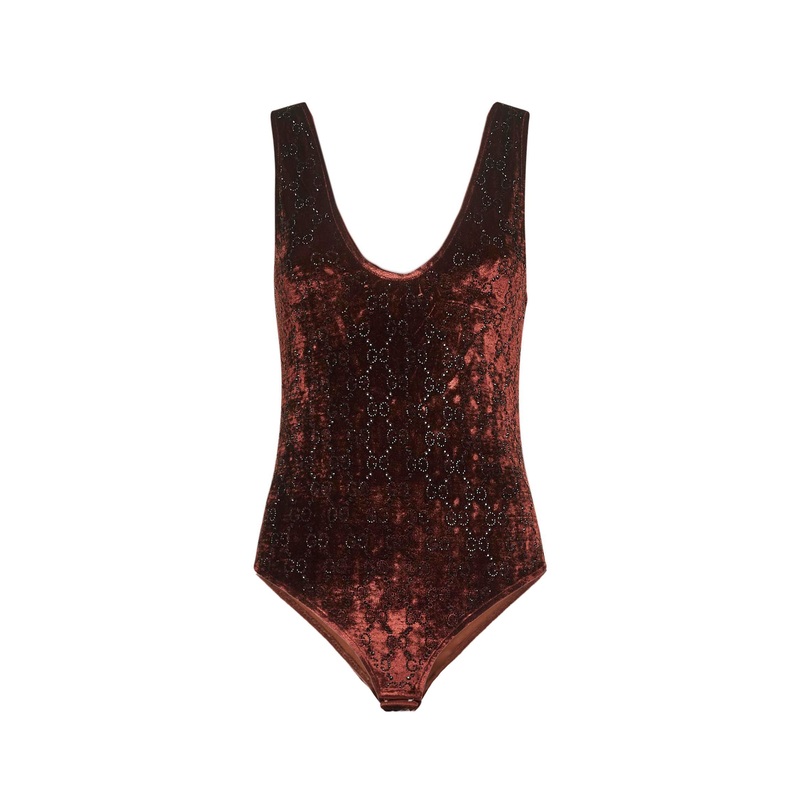 Brown stretch chenille GG embroidered bodysuit