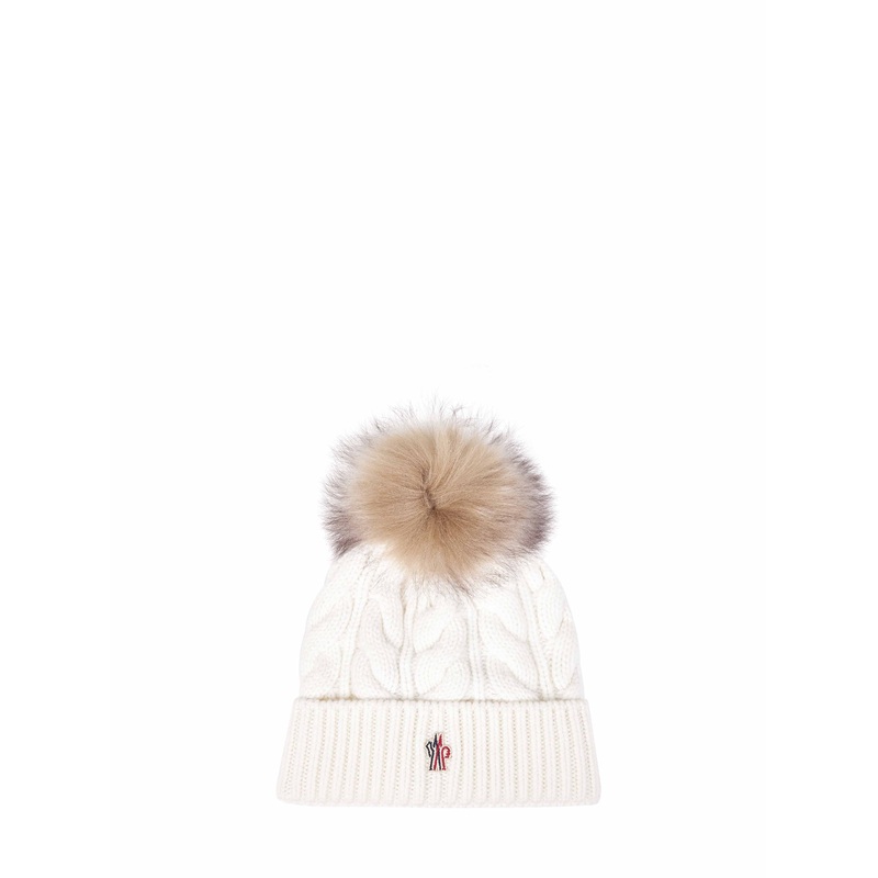 White wool and cashmere blend knit pom pom beanie