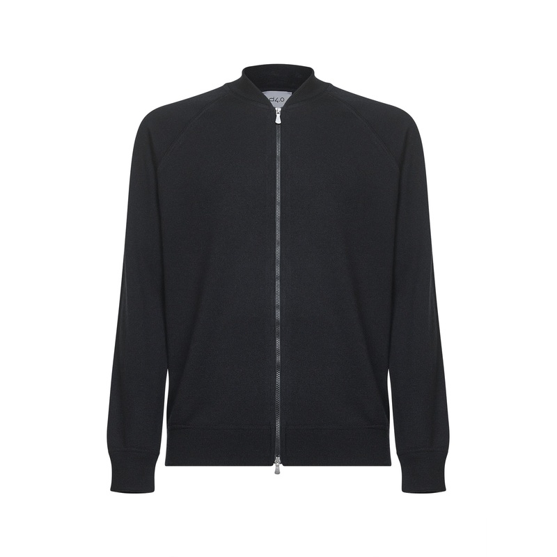 Black virgin wool knit bomber-style cardigan