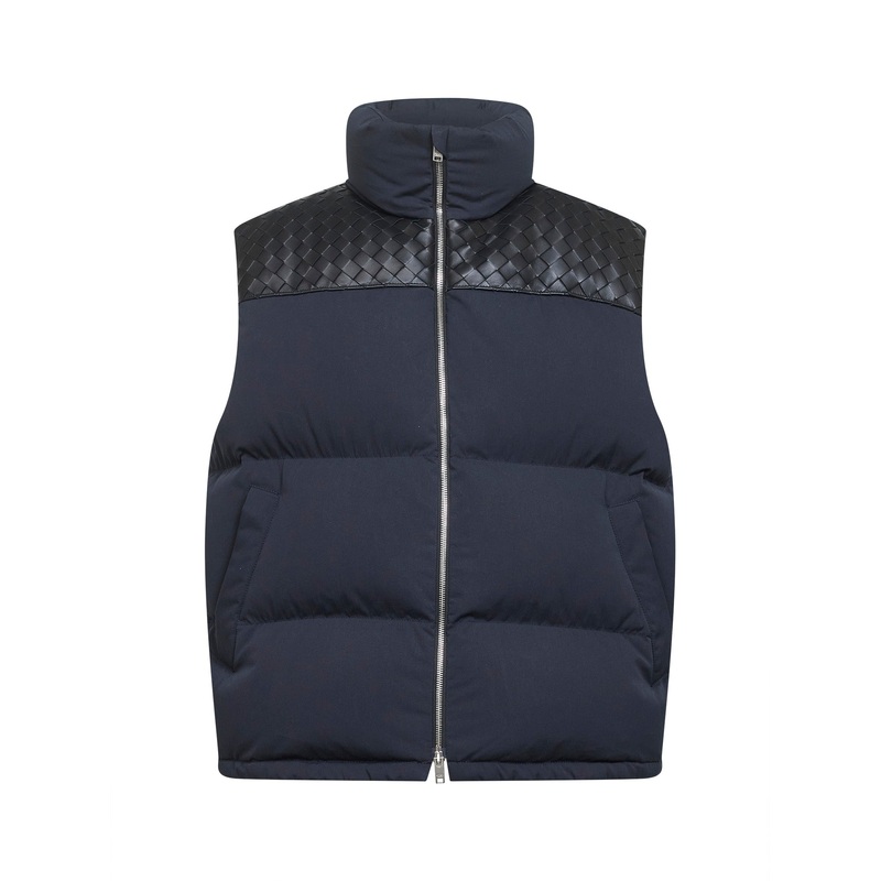 Blue matte technical cotton and leather padded vest